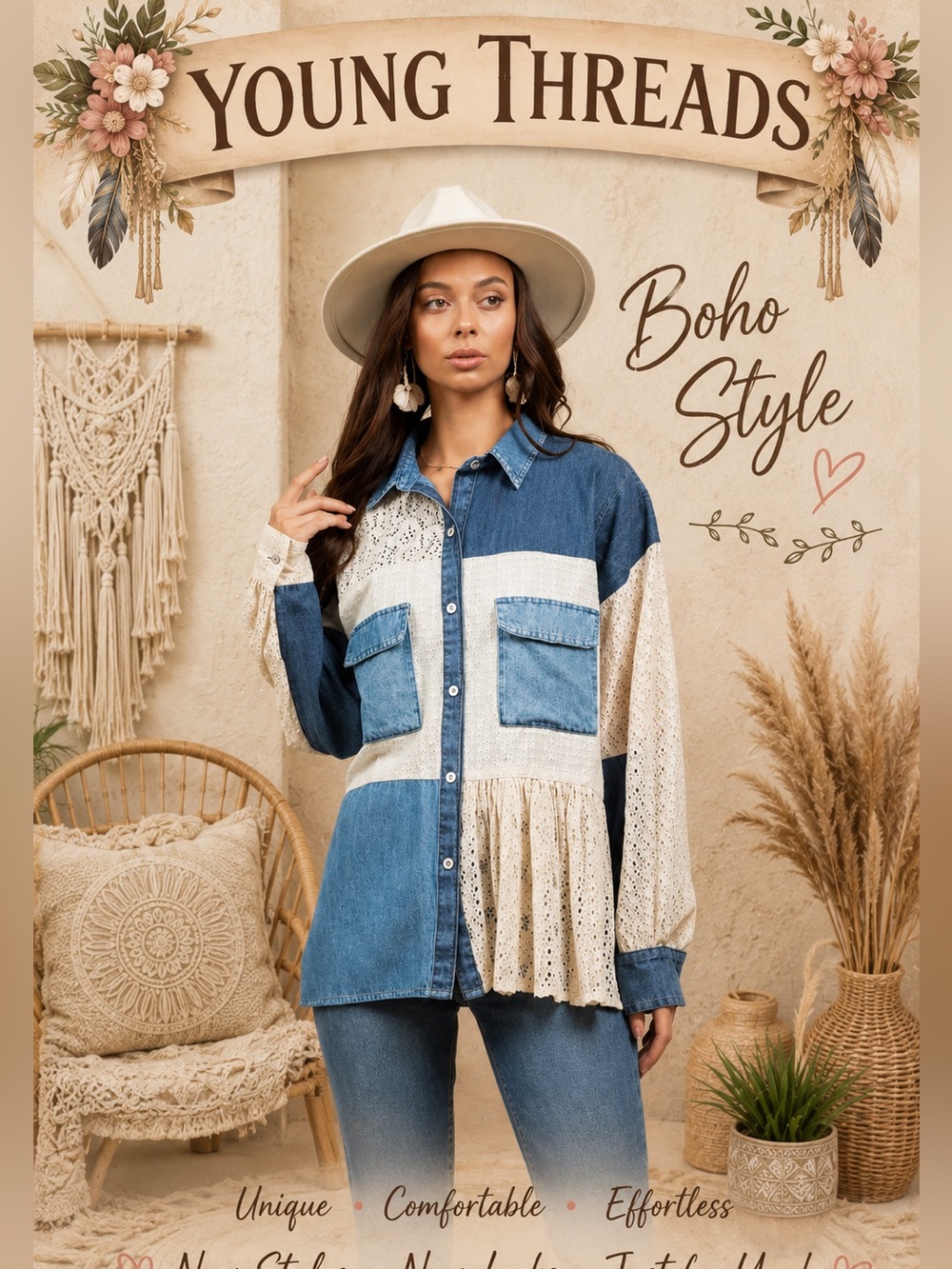 Young Threads Women's Denim & Cream Patchwork Button-Down Shirt